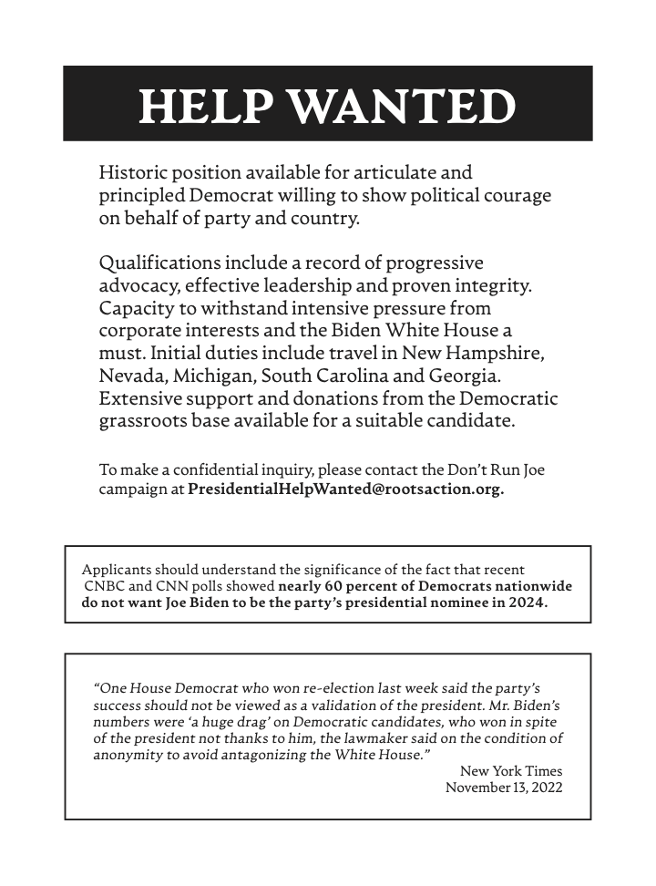 help wanted ad placed in the Hill asking for a stronger Democratic candidate to run against Biden in 2024